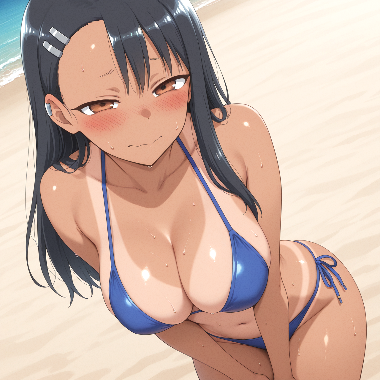Nagatoro from 'Don't Toy With Me, Miss Nagatoro' in a bikini, shy and blushing, fanart illustration with tanned skin and tan lines / 「イジらないで、長瀞さん」の長瀞さんがビキニ姿で恥ずかしそうにしている二次創作イラスト、褐色肌と日焼け跡が特徴的