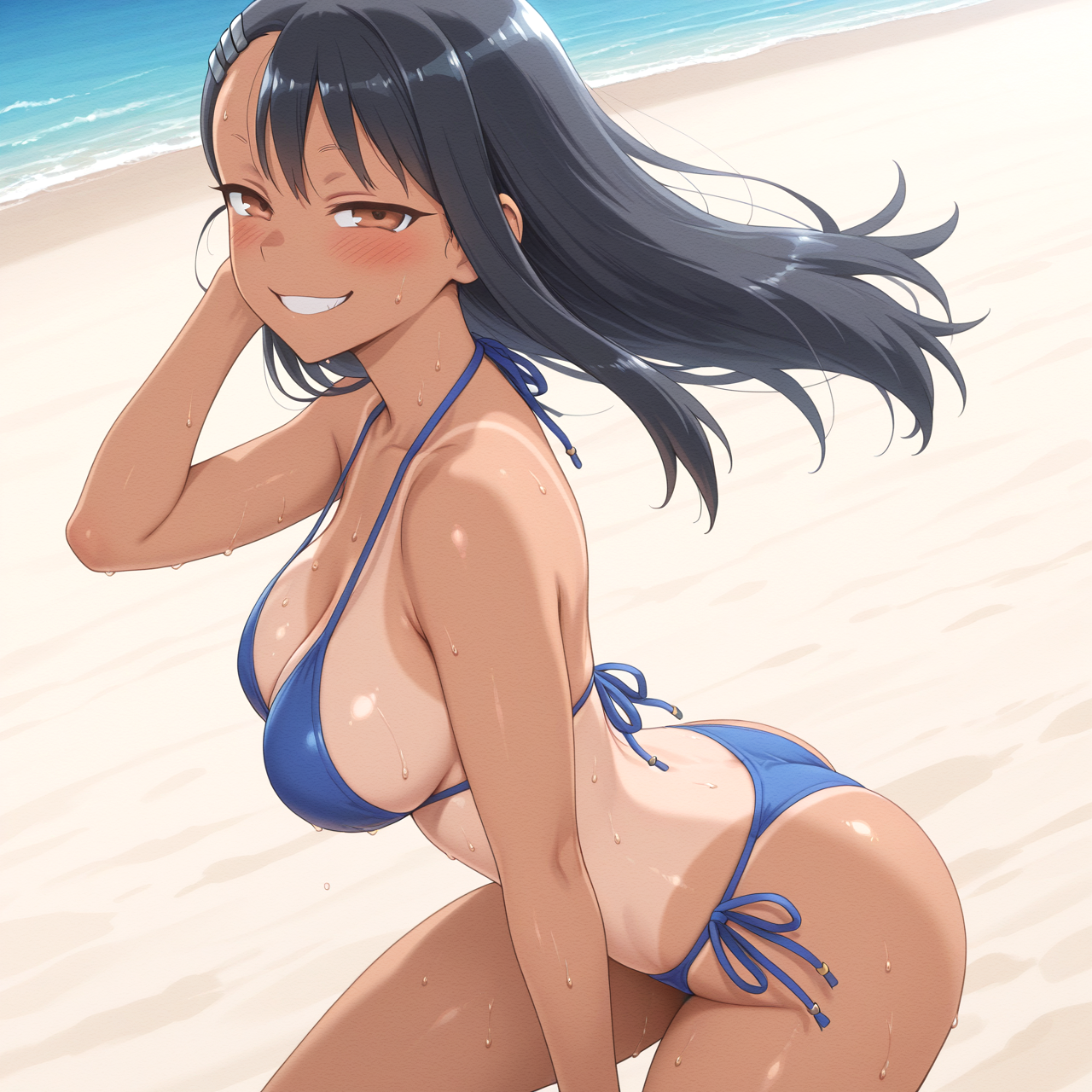 Nagatoro Hayase fanart in a swimsuit, tanned skin and sexy tan lines illustration / 水着を着た長瀞早瀬（長瀞さん）の褐色肌と日焼け跡がセクシーな二次創作イラスト