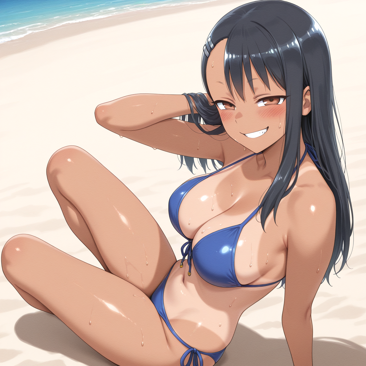Nagatoro from 'Don't Toy With Me, Miss Nagatoro' at the beach, flipping her hair and smiling seductively, fanart illustration with tanned skin and noticeable tan lines / 「イジらないで、長瀞さん」の長瀞さんがビーチで髪をかき上げ誘惑的に笑う二次創作イラスト、褐色肌と日焼け跡が特徴的